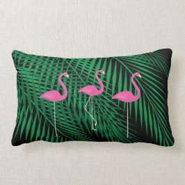 Almofada Lombar Flamingos & folhas de palmeira tropicais no céu