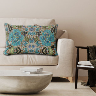 Almofada Lombar flor azul-azul-turquesa prateada boêmica