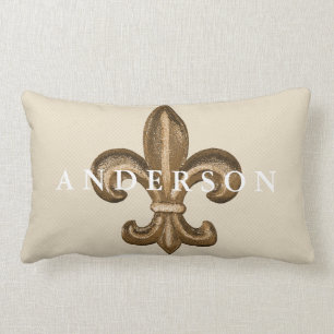 Almofada Lombar Flor de lis Dourado & Taupe branco da estrutura