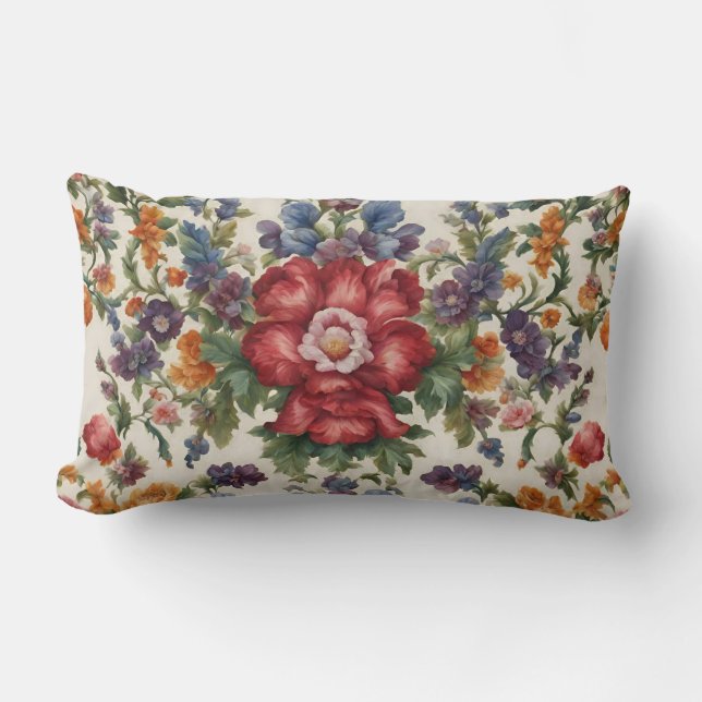 Almofada Lombar Flor Vermelho Refinado Incrível e Flores Delicadas (Frente)