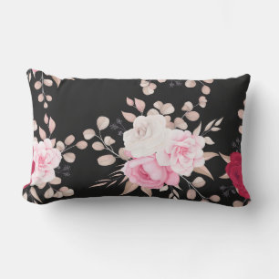 Almofada Lombar florais rosa e branco fundo preto