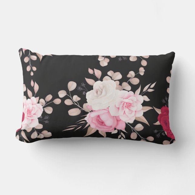 Almofada Lombar florais rosa e branco fundo preto (Frente)