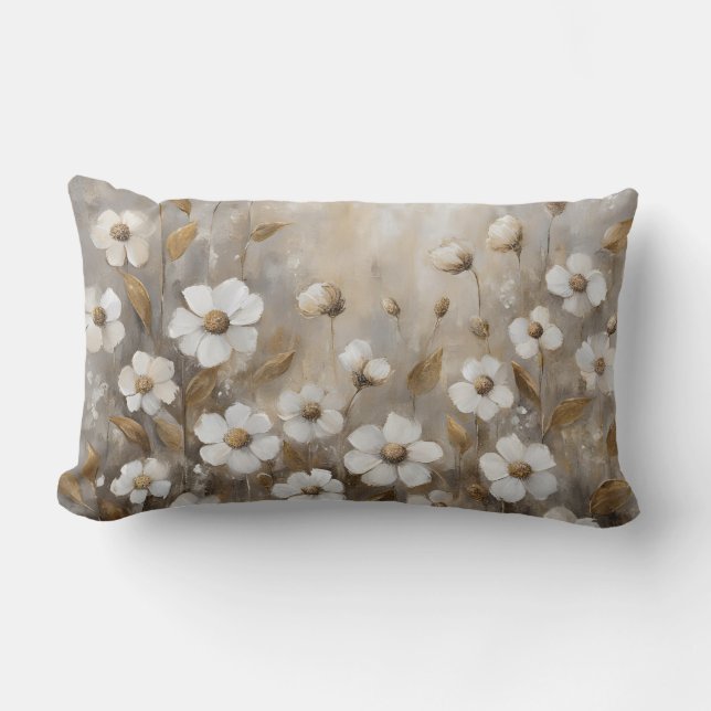 Almofada Lombar Floral Bege Dourado Cinza Neutro (Frente)