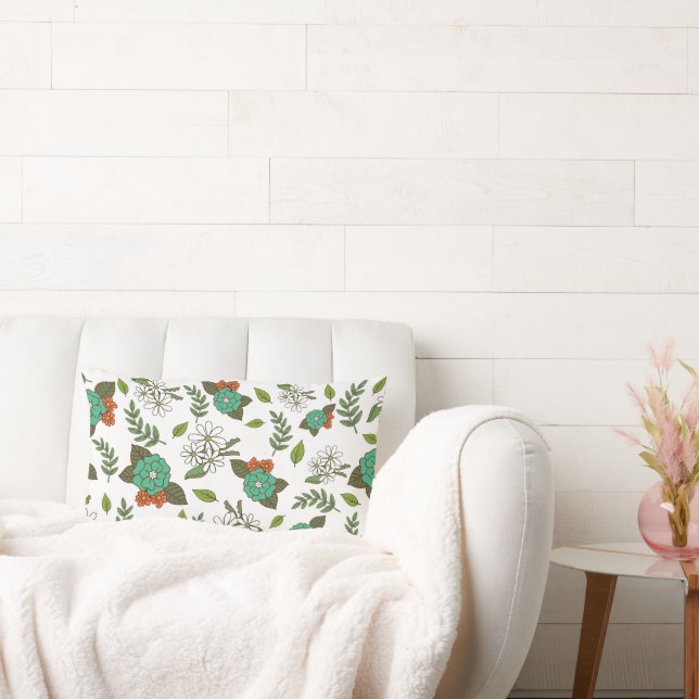 Almofada Lombar Floral Branco e Verde Retro (Sofá)