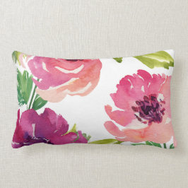 Almofada Lombar Floral de Aquarela, rosa e púrpura