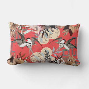 Almofada Lombar Floral Elegante, Geometria de Aves em Vermelho Cer