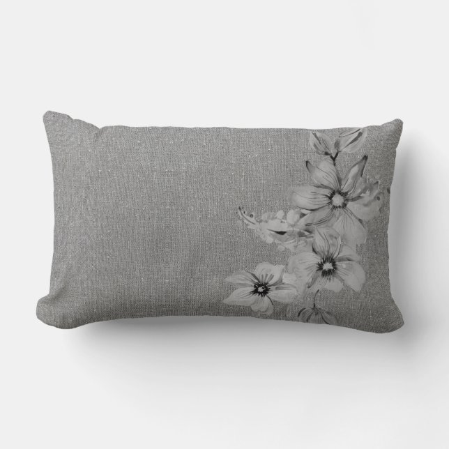 Almofada Lombar Floral Faux Linen Textura Cinza Monocromática (Frente)