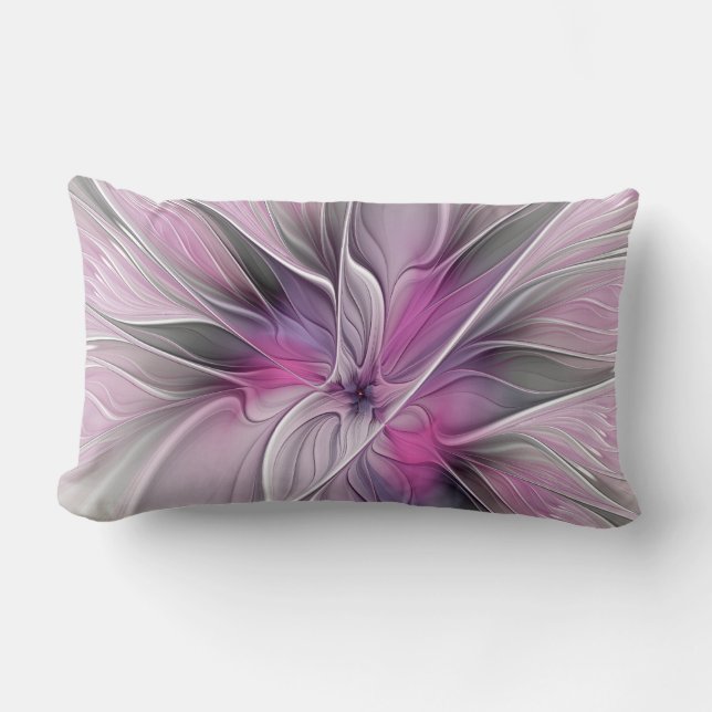 Almofada Lombar Floral Fractal Moderno Abstrato Flor Rosa Cinza (Frente)