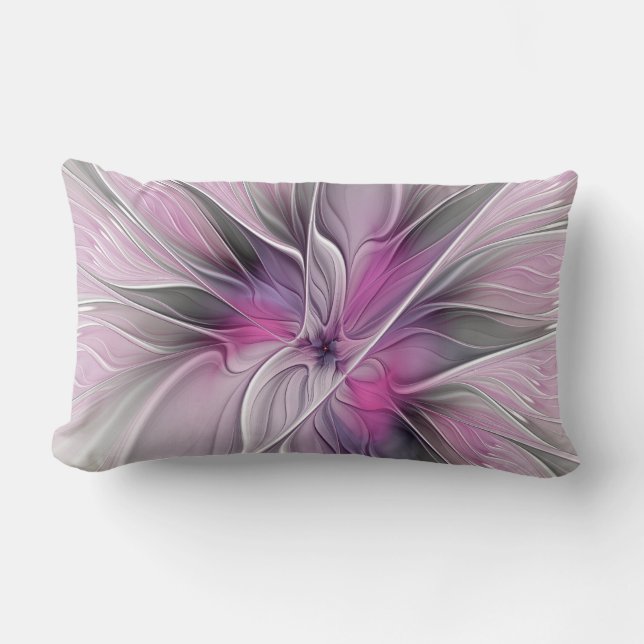 Almofada Lombar Floral Fractal Moderno Abstrato Flor Rosa Cinza (Frente)
