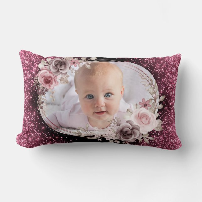 Almofada Lombar Floral Pink Gold Two Photo Baby Girl cute (Frente)
