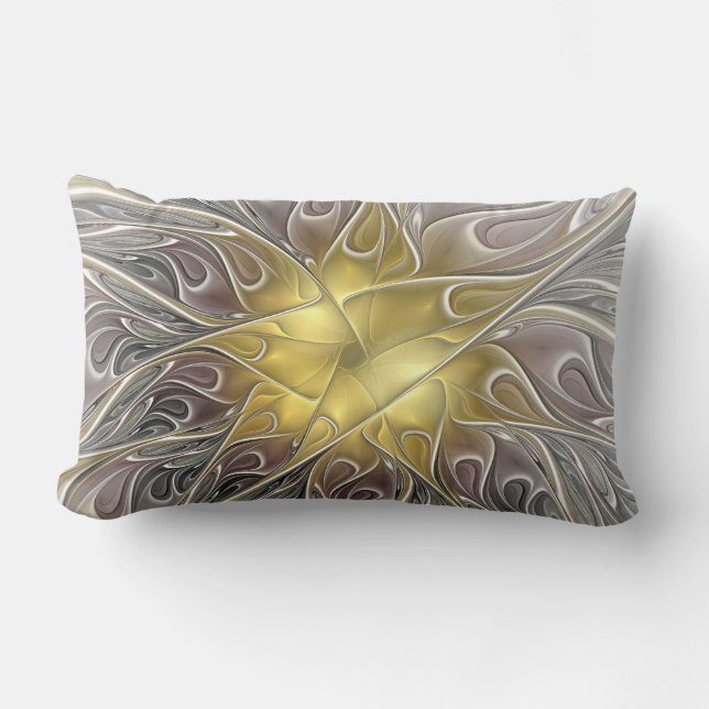 Almofada Lombar Floreio Com Dourada Flor Fractal Abstrato Moderna (Frente)