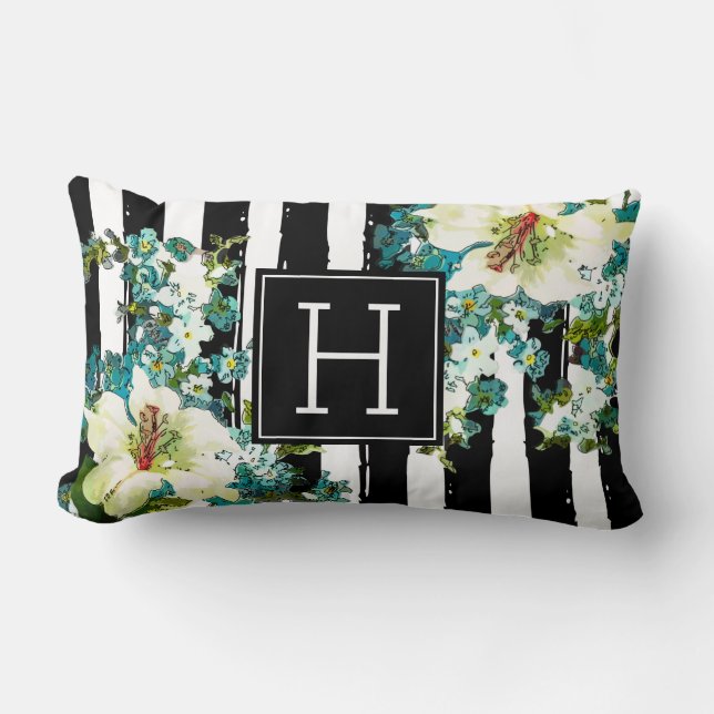 Almofada Lombar Flores Azuis e Brancas Elegantes com Monograma (Frente)