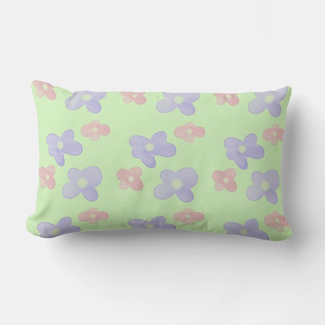 Almofada Lombar Flores Azuis Rosa em Verde Pastel (Frente)
