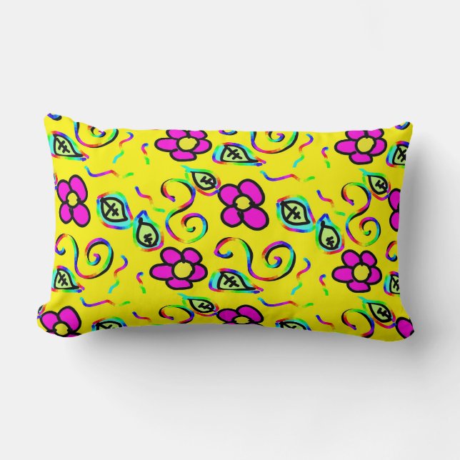 Almofada Lombar flores cor-de-rosa com fundo amarelo (Frente)