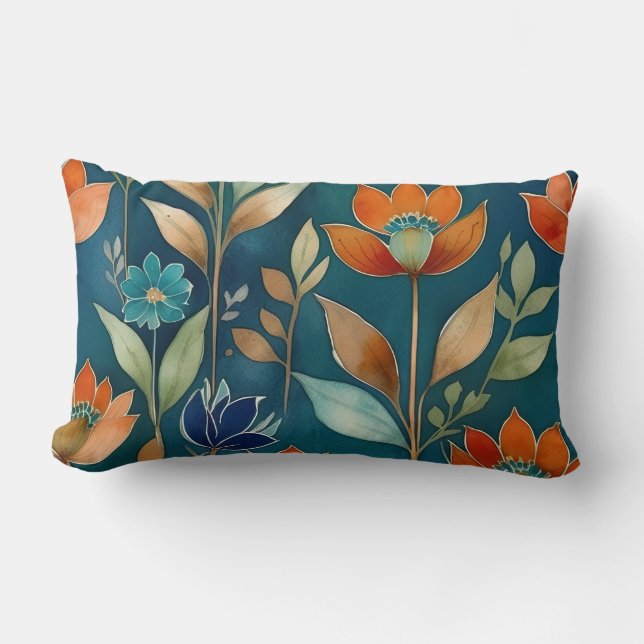 Almofada Lombar Flores de chá, azul e laranja (Frente)