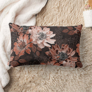 Almofada Lombar Flores de creme, teracote sobre fundo castanho esc