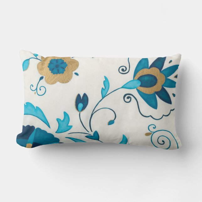 Almofada Lombar Flores de Indigo Douradas com Fundo Branco (Frente)