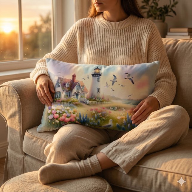 Almofada Lombar Flores de Primavera pela Casa de Praia ao Farol (Woman Holding Spring Flowers by Lighthouse Coastal Cottage Lumbar Pillow)