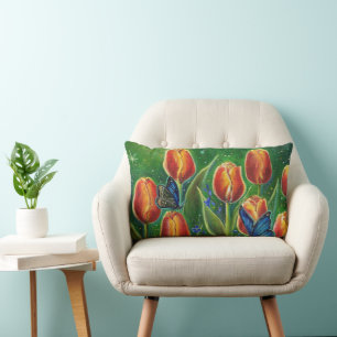 Almofada Lombar Flores Tulip com borboletas por Renee Lavoie