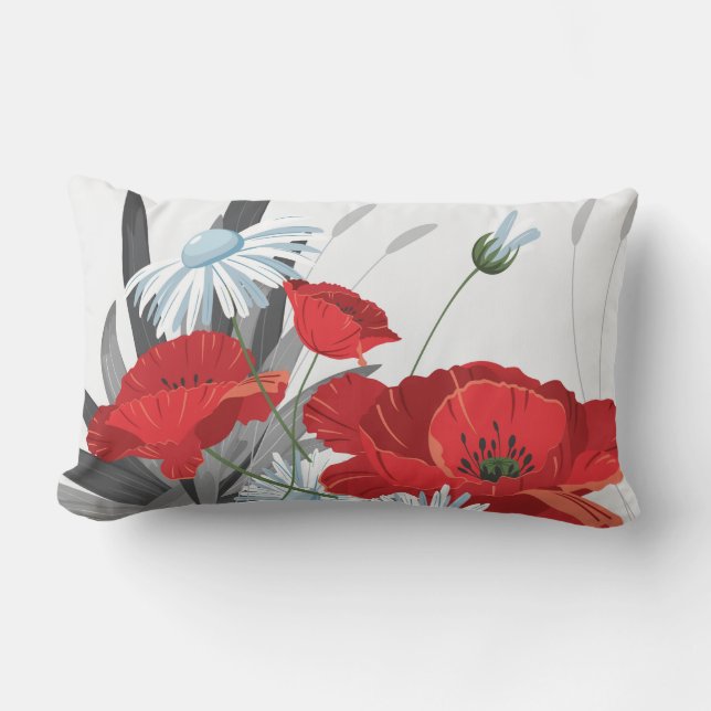 Almofada Lombar Flores Vermelhas e Brancas Visitas e Poppies (Frente)