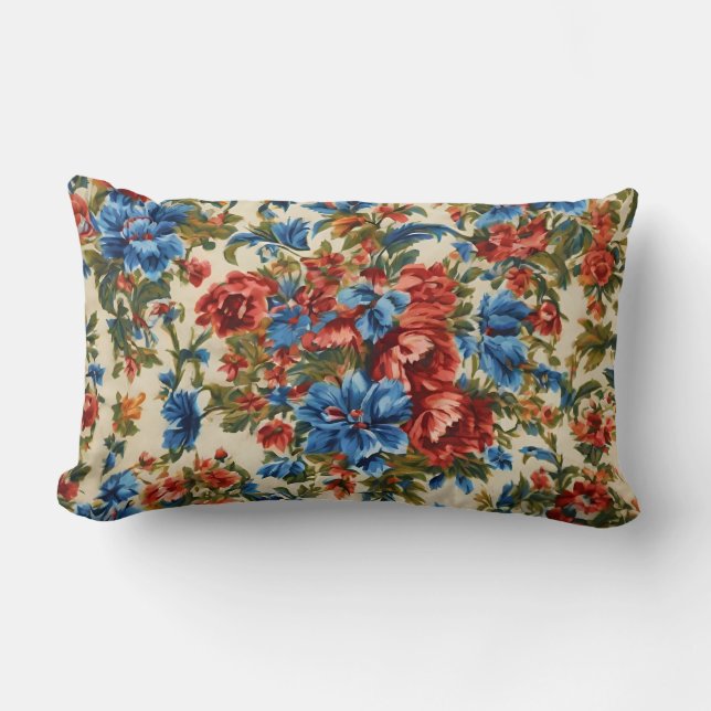 Almofada Lombar Flores Vermelhos e Azuis com Folhas Lush Italianas (Frente)