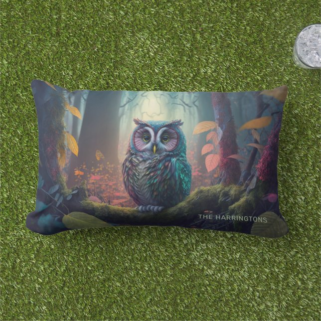 Almofada Lombar Floresta de Coruja de Nome Personalizado (Grama)