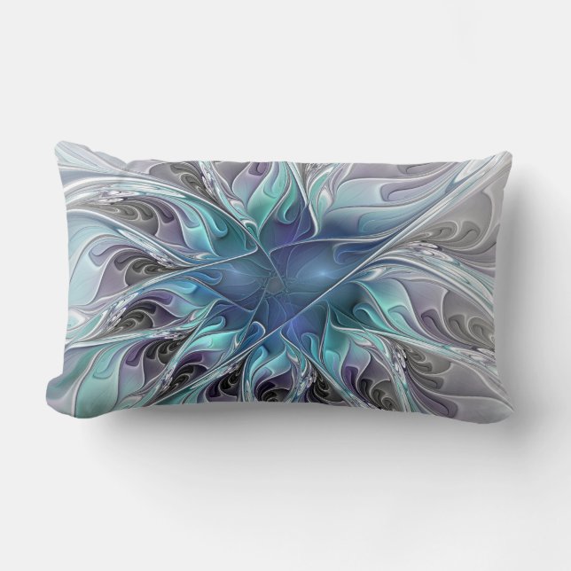 Almofada Lombar Flourar Abstrato Moderno Flor Fractal Com Azul (Frente)