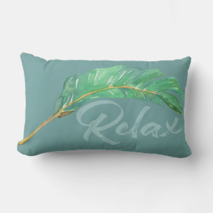 Almofada Lombar Folha de Banana Tropical Azul Verde Aquarela Outdo