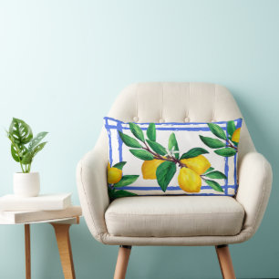 Almofada Lombar Folhas de Limão Citrino Amarelo Verde Folha Azul T