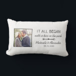 Almofada Lombar Foto Personalizada do Casal Nome de Recém-Casados<br><div class="desc">Todo casal tem uma história única sobre onde tudo começou. Esta almofada branca com texto preto elegante pode ser personalizada para qualquer casal,  com seus nomes,  a data do seu aniversário (primeiro encontro,  casamento,  noivado,  etc.),  bem como uma foto do casal feliz. Um verdadeiro item de recordação único!</div>