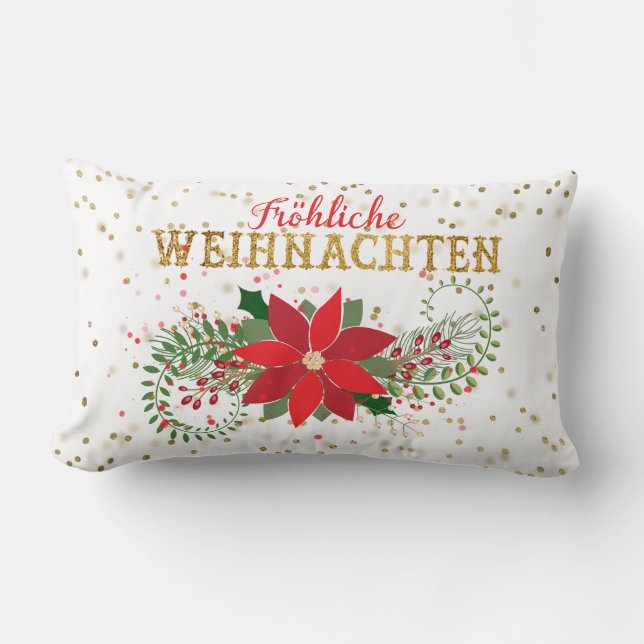 Almofada Lombar Frohliche Weihnachten Dourado Glitter Poinsettia X (Frente)