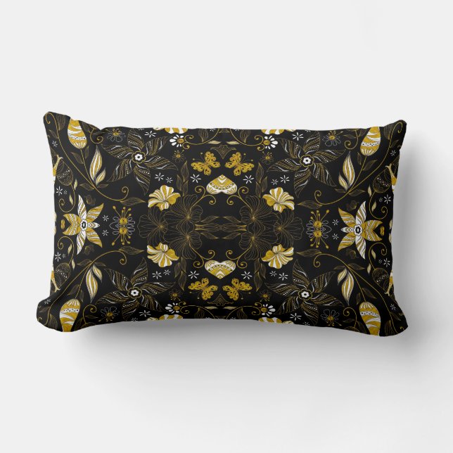 Almofada Lombar Fundo floral ouro preto-branco (Frente)