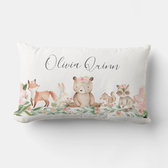 Almofada Lombar Garota Caçada Animais da Floresta Rosa (Frente)