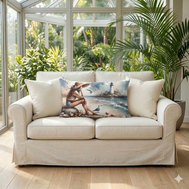 Almofada Lombar Garota da Praia Costeira & Farol (Coastal Beach Girl & Lighthouse Lumbar Pillow On Loveseat)