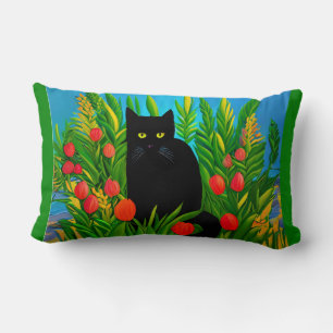 Almofada Lombar Gatinho Preto em um Jardim de Tulipas