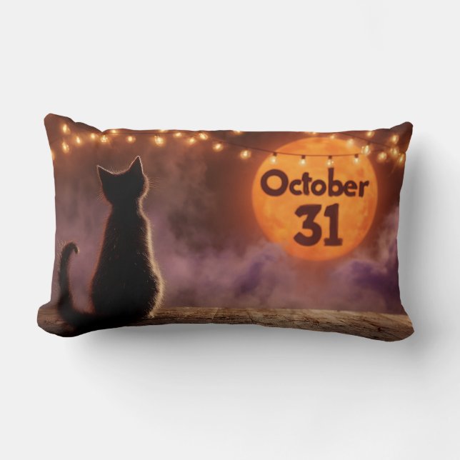 Almofada Lombar Gato Negro com Lua de Halloween de 31 de outubro (Frente)