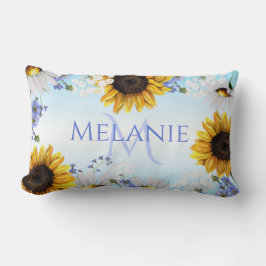 Almofada Lombar Girassol Amarelo Azul Monograma Flores Silvestres