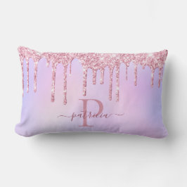 Almofada Lombar Glam Rosa Glitter Drips Monograma Elegante 