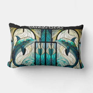 Almofada Lombar Golfinho Branco Azul Teal Aspecto do Vidro Estreit