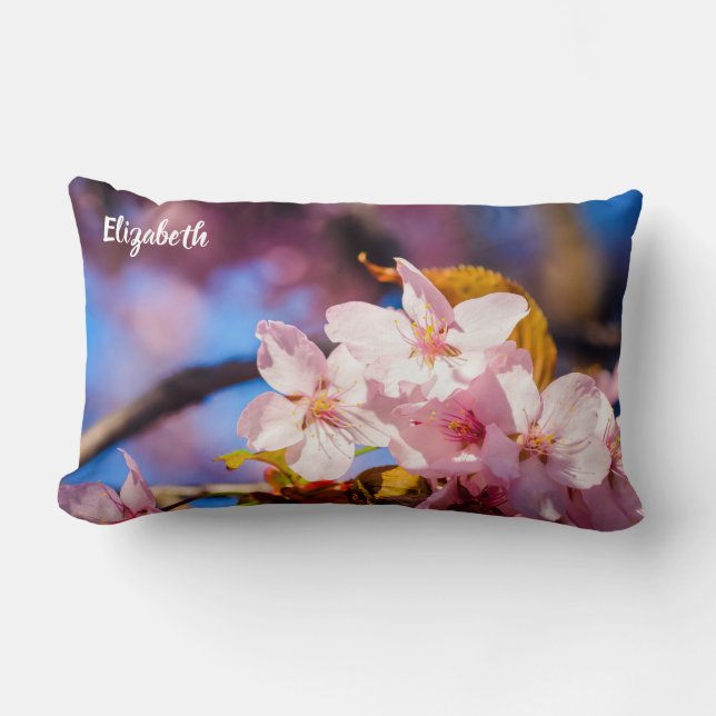 Almofada Lombar Grupo De Flores Sakura, Rosa Suave, Fundo Azul (Frente)