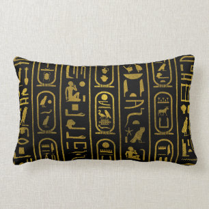 Almofada Lombar Hieroglyphs Dourados antigos egípcios no preto