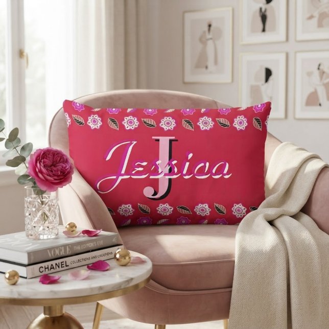 Almofada Lombar Hot Pink Floral Pattern Personalized Monogram  (Criador carregado)