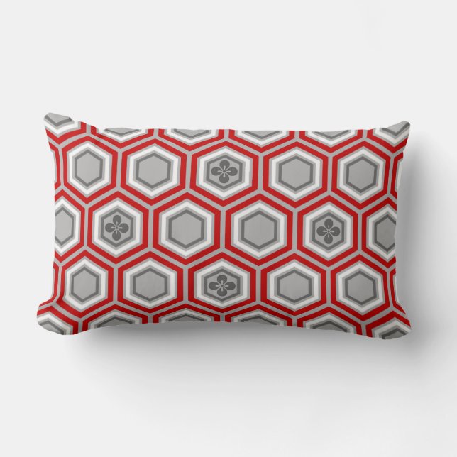 Almofada Lombar Impressão de Kimono Hexagonal, Vermelho e Cinza (Frente)