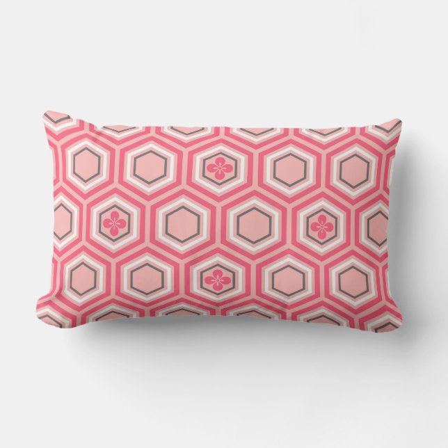 Almofada Lombar Impressão Hexagonal Kimono, Rosa Coral e Branco (Frente)