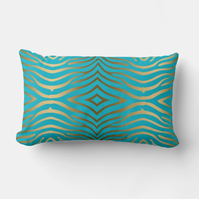 Almofada Lombar Impressão Zebra Dourada No Azul Turquesa (Frente)