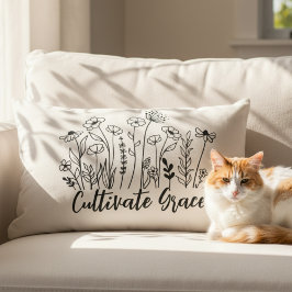 Almofada Lombar Inspirador Preto Branco Floral Cultive a Graça