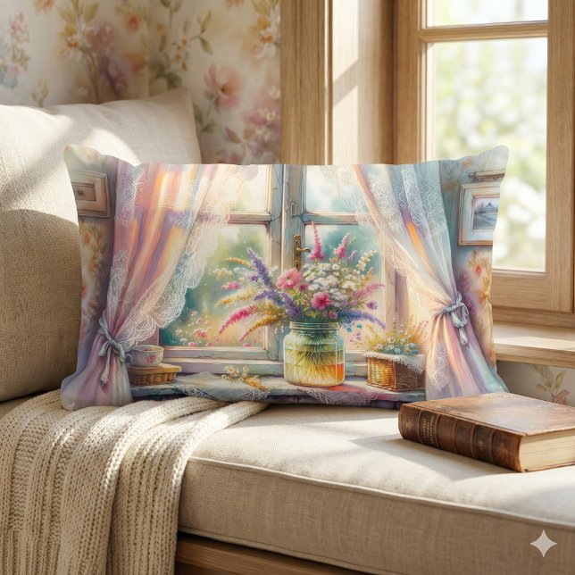 Almofada Lombar Janela de Casa de Campo Ensolarada com Flores Silv (Sunlit Cottage Window Wildflowers Lumbar Pillow Mockup A)