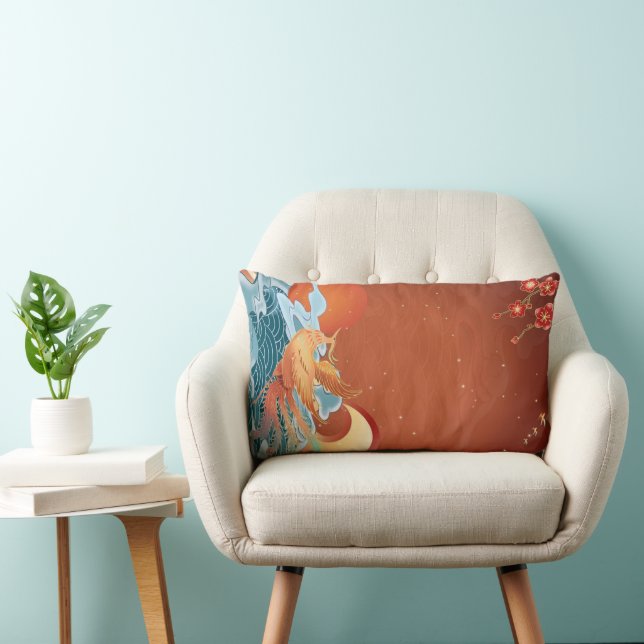 Almofada Lombar Japonês Floral - Tecido Elegante Laranja Rust (Cadeira)