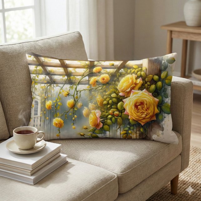 Almofada Lombar Jardim das Aquarelas de Rosas Amarelas (Yellow Roses Watercolor Garden Lumbar Pillow Mockup A)