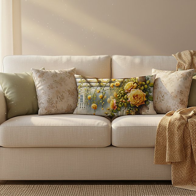 Almofada Lombar Jardim das Aquarelas de Rosas Amarelas (Yellow Roses Watercolor Garden Lumbar Pillow)